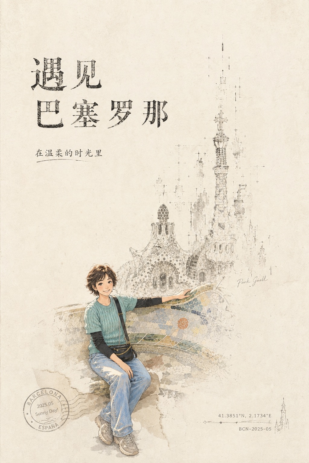 漫画《遇见巴塞罗那》：坐在奎尔公园的马赛克长椅上