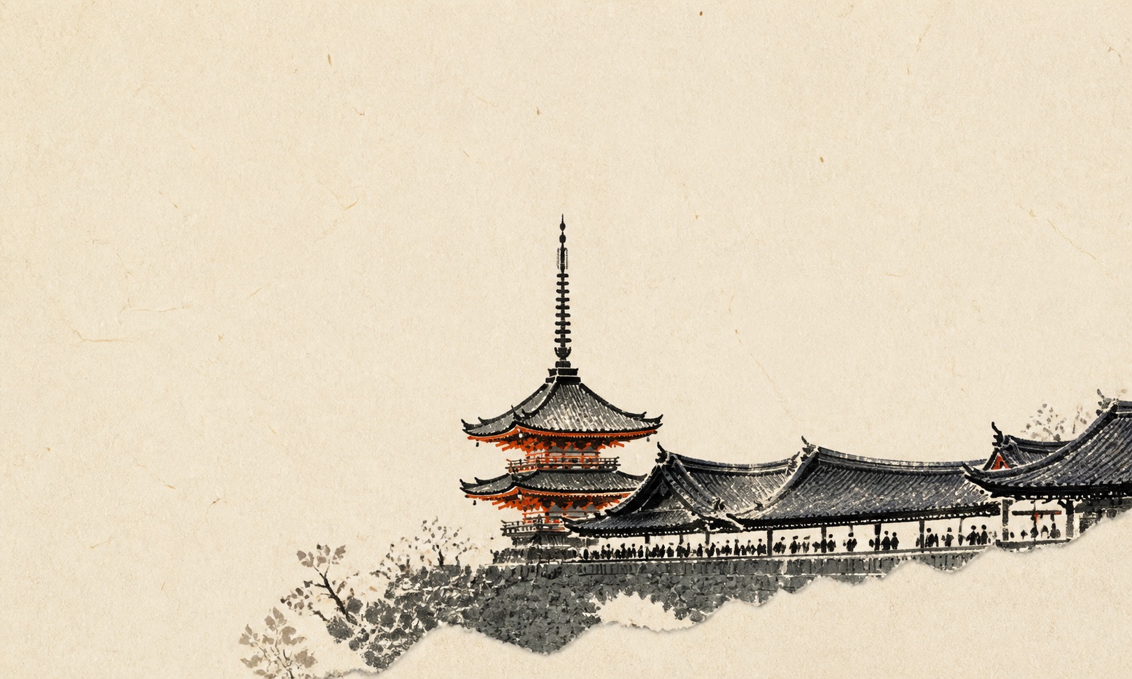 漫画《清水寺》：京都清水寺的飞檐与三重塔，檐下是排成一线的人影