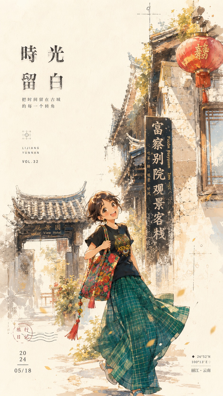 漫画《時光留白》：丽江古城客栈门前，红灯笼挂在檐角