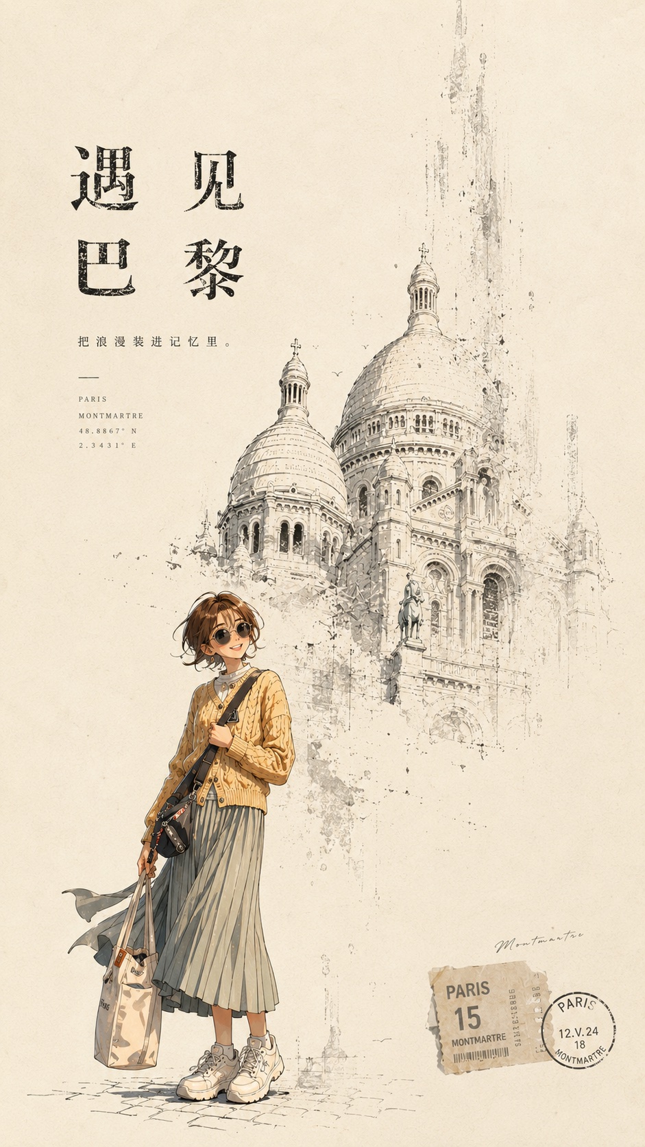 漫画《遇见巴黎》：蒙马特圣心堂前，穿鹅黄开衫的旅人