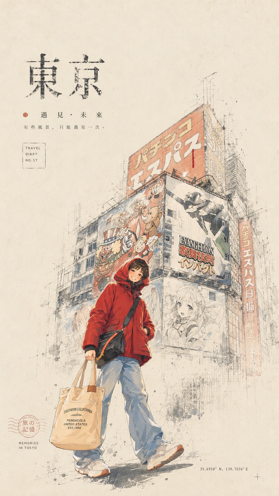 漫画《東京》：新宿歌舞伎町的巨幅广告牌下，穿红衣的旅人走过